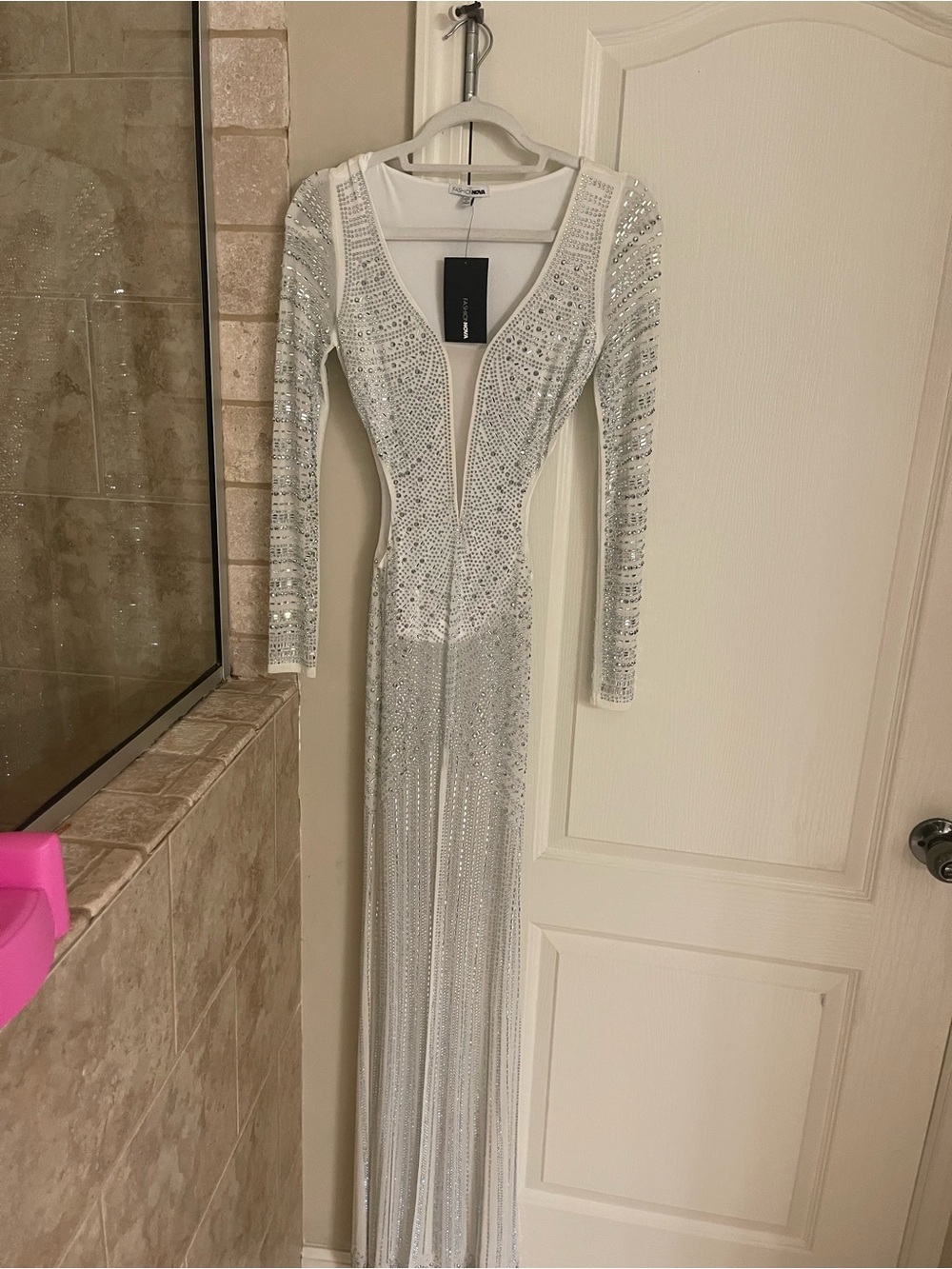 Fashion Nova White Silver Embellished Long-Sleeve Gown